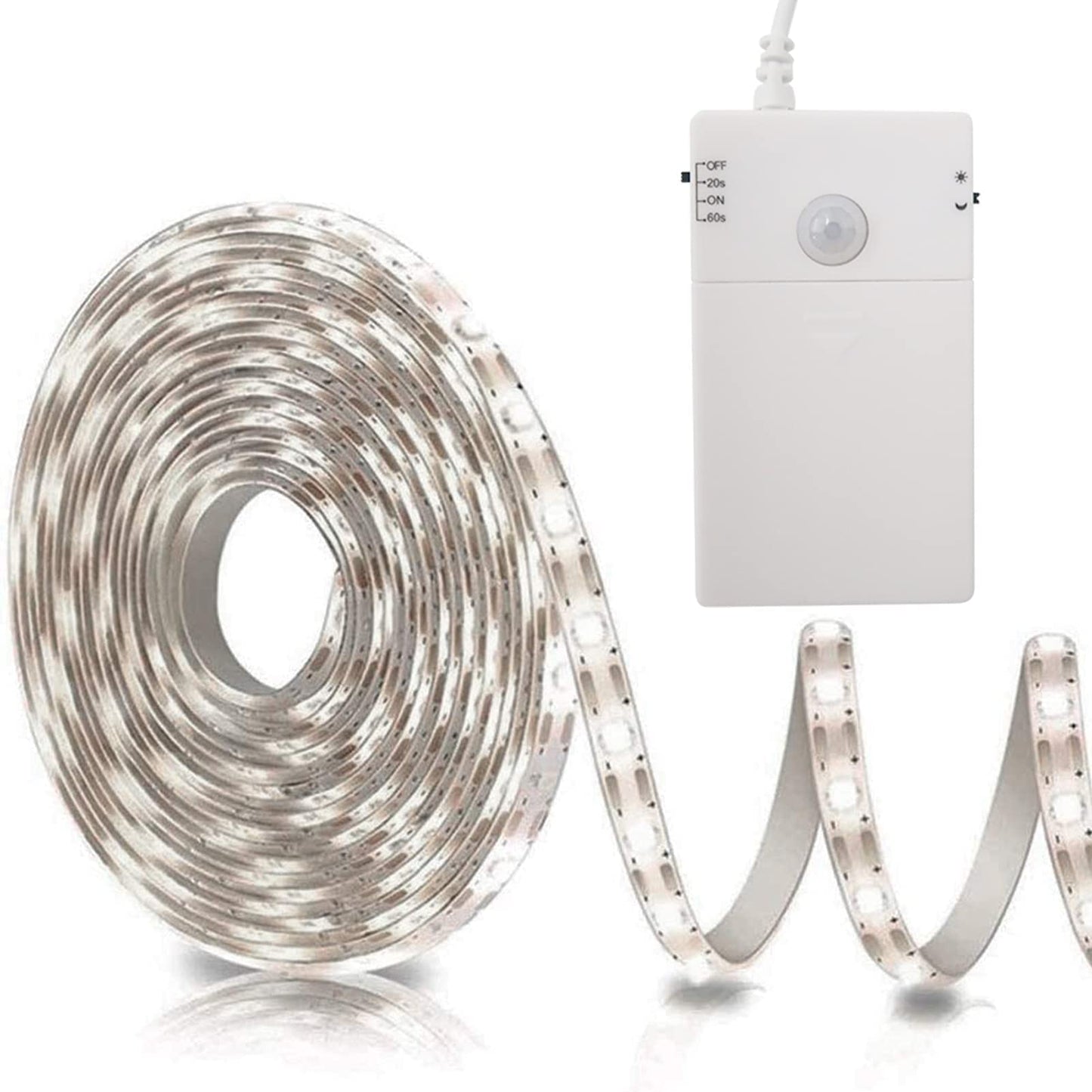 echosari Battery Operated Motion Sensor Cabinet Strip Lights, 9.8Ft 90 LED Counter Closet Strip Light, Motion & Night Sensor Safe Tape Light for Stairs Wardrobe Kitchen (Cool White)