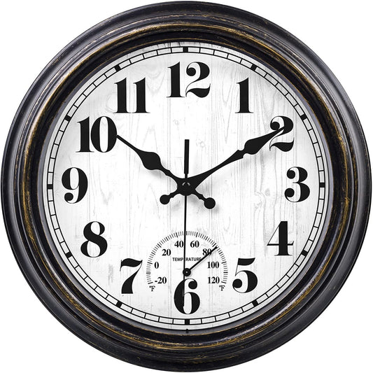 45MinST 12 Inch Indoor/Outdoor Retro Round Waterproof Wall Clock with Thermometer, Silent Non Ticking Battery Operated Quality Quartz Wall Clock Home/Patio Decor(Black Gold)
