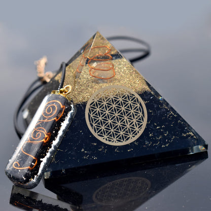Real Crystal Black Tourmaline Orgonite Pyramid W/Flower of Life Healing Crystal Pendant, Pyramid Crystal Gemstone Pyramid for Meditation, Motivation, Positivity - Handmade in India