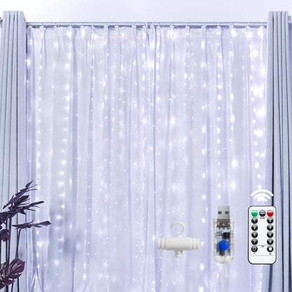 Brightown 300 LED Fairy Curtain Lights, 9.8ft x 9.8ft String Lights, USB Plug in 8 Lighting Modes Christmas String Hanging Lights with Remote for Bedroom Indoor Outdoor Party Xmas White 1 Pack