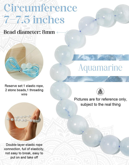 Landorilo Beaded Bracelet for Men Women, 8mm Natural Stone Aquamarine Healing Crystal Stretch Bracelets, Ideal Christmas Birthday Jewelry Gifts with Energy Card，Replacement Beads Included