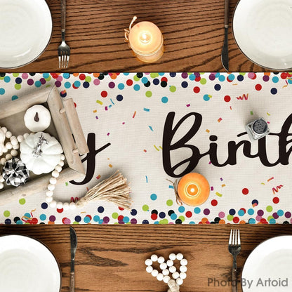 Artoid Mode Polka Dot Beige Happy Birthday Table Runner, Seasonal Kitchen Dining Table Decoration for Home Party Decor 13x72 Inch