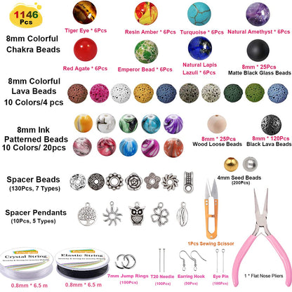 EuTengHao 1146Pcs Lava Beads Round Loose Marble Beads Ink Patterns Chakra Beads with Spacer Beads Pendants Jewelry Findings for Adult DIY Bracelet Necklace Earring Jewelry Making Crafts