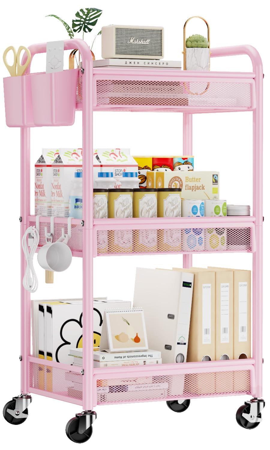 YASONIC 3 Tier Rolling Cart – Metal Utility Storage Cart with Wheels, Craft Cart Organizer with Hanging Cups, Hooks, Mesh Basket for Bedside Kitchen Office Art, Pink