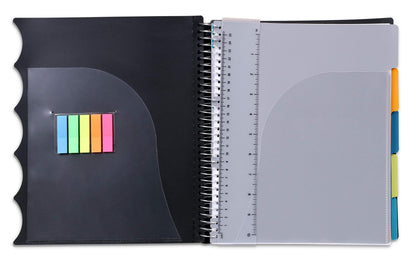 Mintra Office Durable PREMIUM Spiral Notebook, ((Black, 5 Subject, 8.5in x 11in)), Fabric Covered Coils, No Snags, Removable Adjustable Pocket Dividers, Ruler, Organization, Customizable