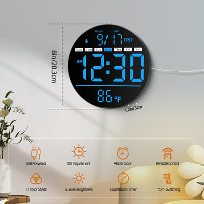 HAITANG Digital Wall Clock, 8'' Round Digital Clock with Large Display, 11RGB Colors,Remote Control, Auto-Brightness,Temperature,DST,Night Light, Alarm, Count Down Timer for Classroom/Bedroom/Office