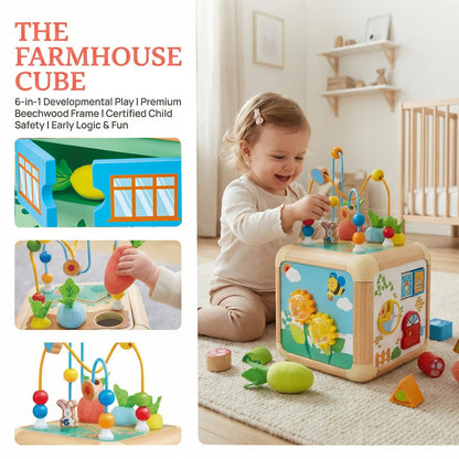 Hape Green Thumbs 6-in-1 Wooden Activity Cube for Toddlers - Nature-Themed Educational Toy with Bead Maze, Shape Sorter & Sensory Carrots - Montessori Learning Gift for Baby Boys & Girls