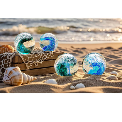 JUYOULE Hand Blown Glass Decorative Balls：Unique Ocean Wave Design, Elegant Paperweights for Office Desk, Coastal Room Decor, Beach Bathroom Decor, Sea Glass Art, Ocean Gift Idea （Blue）