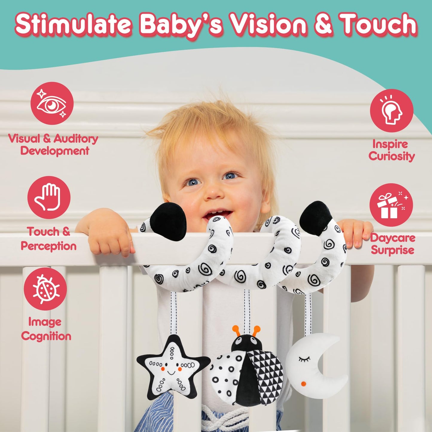 GKDOMS Baby Spiral Hanging Stroller and Car Seat Toys Black and White High Contrast Sensory Toy Newborn Plush Activity Toys Party Favors Quality Baby Shower Valentine's Gifts