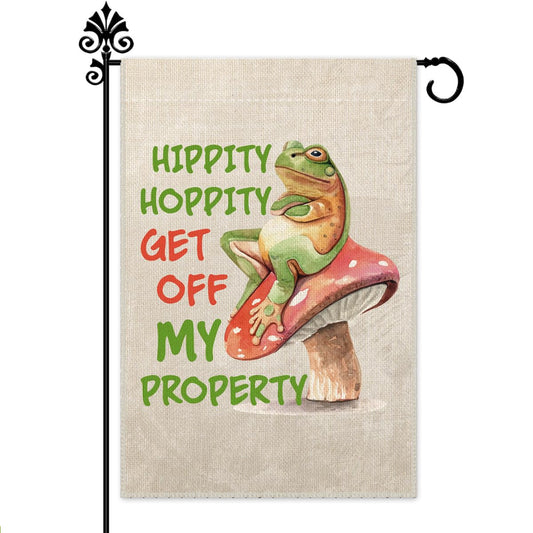 Hafhue Hippity Hoppity Get Off My Property Welcome Garden Flag, Funny Frog Outdoor Farmhouse Decoration 12x18 Inch Waterproof Double Sided Printing, No Trespassing Sign for Bedroom Yard Garage Bar