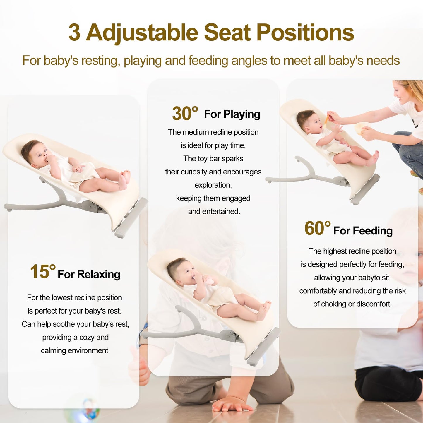 3-in-1 Portable Baby Bouncer & Rocker Chair for Newborn to Toddler - 4 Adjustable Recline Positions, Breathable Cotton Fabric, Natural Vibration, Supports Up to 33 lbs (Oatmeal Khaki)