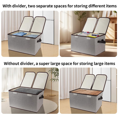 Tcbelosion Foldable Fabric Storage Box, 16.5 x 11.8 x 9.8 inches (L x W x H), with Double-Lid & Dividers, Large Organizer for Home, Closet, Office(Grey)
