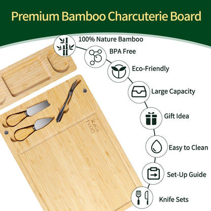 Premium Bamboo Cheese and Charcuterie Board Set - Large Wooden Serving Tray with Hidden Knife Storage, Cheese Knives & Forks - Perfect for Cheese, Meats, Fruits - Ideal Gift for Parties & Holidays