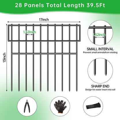 39.5ft(L) X 13in(H) Animal Barrier Fence, 28 Panels No Dig Fence for Dogs, 1.52IN Gap Anti Digging Dog Barrier, Rustproof Metal Garden Edging Border Defense for Outdoor, Yard, Lawn