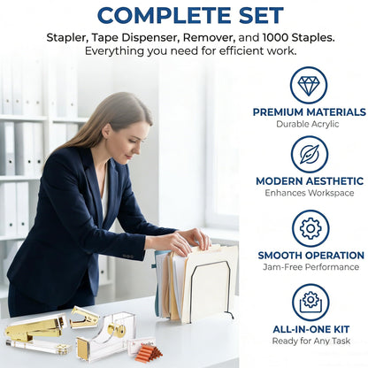 Hiceeden Acrylic Gold Stapler and Tape Dispenser Set, Desk Accessories Office Supplies Includes Tape, Staple Remover and 1000pcs 24/6 Staples, Modern Cute Stapler Set for Desk