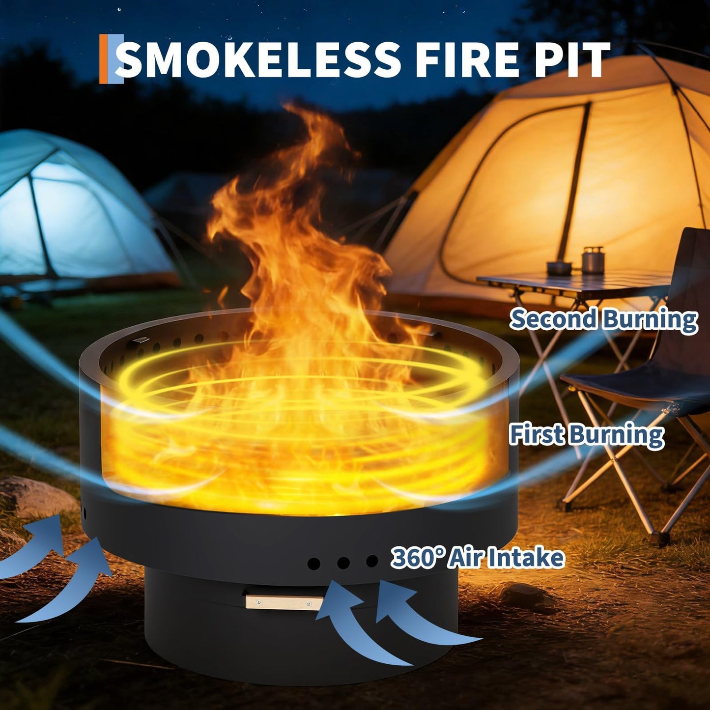 GarveeLife 30 Inch Smokeless Fire Pit, Outdoor Firepit Table with Removable Ash Pan, Bamboo Lid, Portable Carbon Steel Firepit for Outside, Backyard, Camping, Picnic, Black