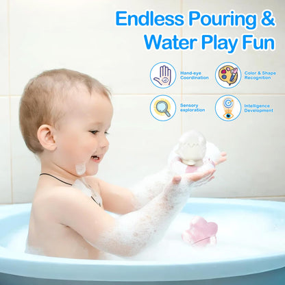 MCGMITT Baby Bath Toys for Kids Ages 1-3, 12 PCS Silicone Mold Free Bathtub Toys for 6-12 Months, Soft Stacking Cups & No Hole Duck & Floating Boats, Beach Sand Water Table Pool Toys for Toddlers