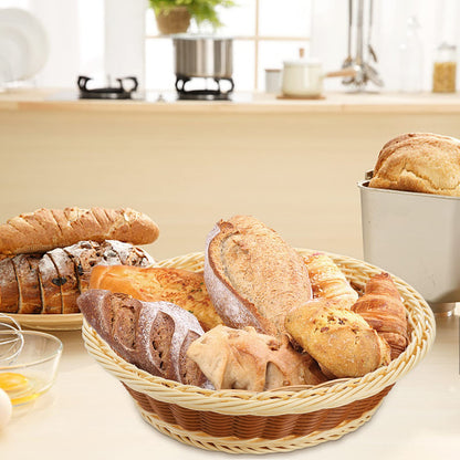 Yarlung 3 Pack Woven Bread Baskets, Plastic Wicker Fruit Baskets 11.5 Inch Round Imitation Rattan Basket, Stackable Food Serving Holder for Kitchen, Restaurant, Outdoor, Brown & Beige