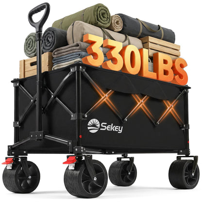 Sekey 150L Wagons Carts Foldable with Big All-Terrian Beach Wheels, Collapsible Heavy DutyWagon, Extra Large Folding Wagon,Foldable Wagon for Camping, Garden, Sports. Black