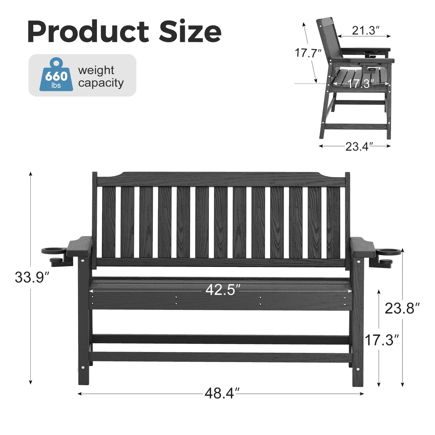 WACASA 48" Outdoor Bench Set of 2, HDPE Weatherproof Porch Bench, 2-Person Garden Benches with 660 Lbs, Waterproof Patio Benches for Outside Balcony Deck Backyard,Grey