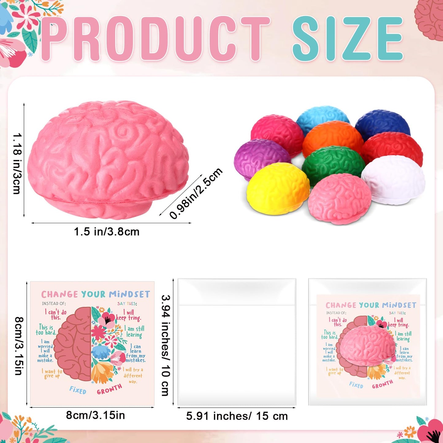 Hollowfly 50 Set Growth Mindset Gift Mini Brain Stress Balls Bulk Funny Relief Squeeze Balls Inspirational Stress Reliever Employee Appreciation Gifts for Adult Coworkers Staff Volunteer