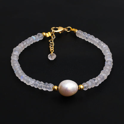 Gempires Moonstone Beaded Bracelets with Freshwater Pearls Crystal Jewelry June Birthstone Handmade Bracelets Hypoallergenic 7.5 Inch Gold Plated New Beginning Gemstone Jewelry