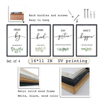 Set of 4 Inspirational Quotes Wall Art 16x11 Inch Encouraging Office Wooden Framed Positive Affirmations Home Family Decor Sign Motivational Plaque Wall Hanging Decoration (Black)