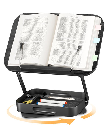 Adjustable Book Stand with Storage Drawer, 360° Rotating Book Holder, Height & Angle Adjustable, Extra-Wide Page Clips for Thick Books, Wood & Aluminum Book Stand for Desk, Study, Kitchen