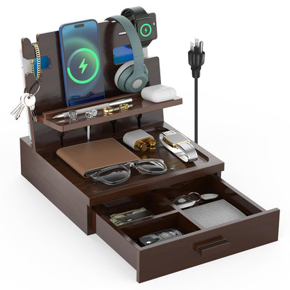 sandpaint Nightstand Organizer for Men with Drawer Wood Docking Station with USB Ports and AC Outlets, Gifts for Men, Holds Phone, Tablet, Keys, Glasses, Earphones Etc（Brown）