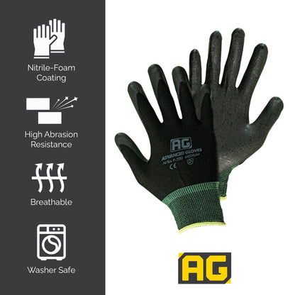 ADVANCED GLOVES – NiTex P-200 Nylon Nitrile Gloves, Breathable Nitrile Foam Coated Utility Gloves for Insulated Grip, Black, 6-Pair, Large