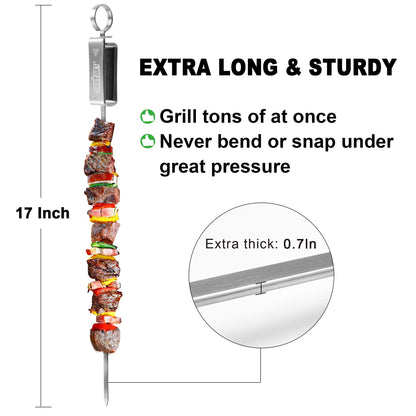 GRILLART Kabob Skewers for Grilling - Metal Skewer for Kabobs with Slider - Flat BBQ Skewer Stainless Steel - 17" Shish Kabob Grill Skewers & Ideal Kabob Sticks for Meat Shrimp Chicken Veggie (10PCS)