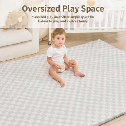 Yumiio Large Vegan Leather Baby Play Mat for Floor,1.3"Thick Foam 59x82 Foldable Waterproof Kids Play Mat,Stylish and Just Wipe-Clean Playmat for Baby Play on Floor (Grey Checker)