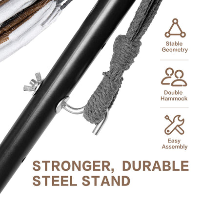 PNAEUT Double Hammocks with Stand for Outside, Portable Space Saving Heavy-Duty Steel Frame for Indoor Outdoor Patio Yard, Easy Assembly, 2 Person 450 lbs Capacity (Coffee)