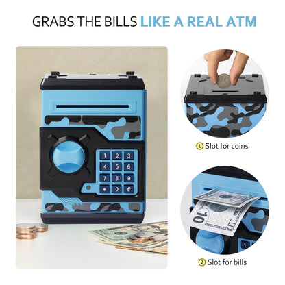 ATM Piggy Bank for Boys Girls, Vcertcpl Mini ATM Coin Bank Money Saving Box with Password, Kids Safe Money Jar for Adults with Auto Grab Bill Slot, Great Gift Toy Bank for Kids (Camouflage BlueGray)