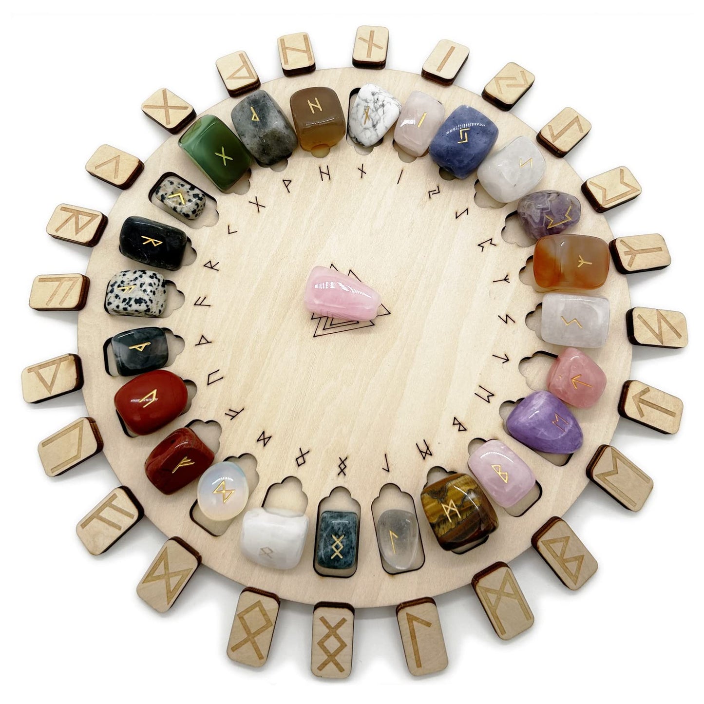 Rune Stone Set, Wooden Disc with Eternal Life Inscription and Mixed Color Crystal Rune Set for Meditation and Witchcraft Healing, Chakra Balancing for Beginners (Mixed Color Rune Set)