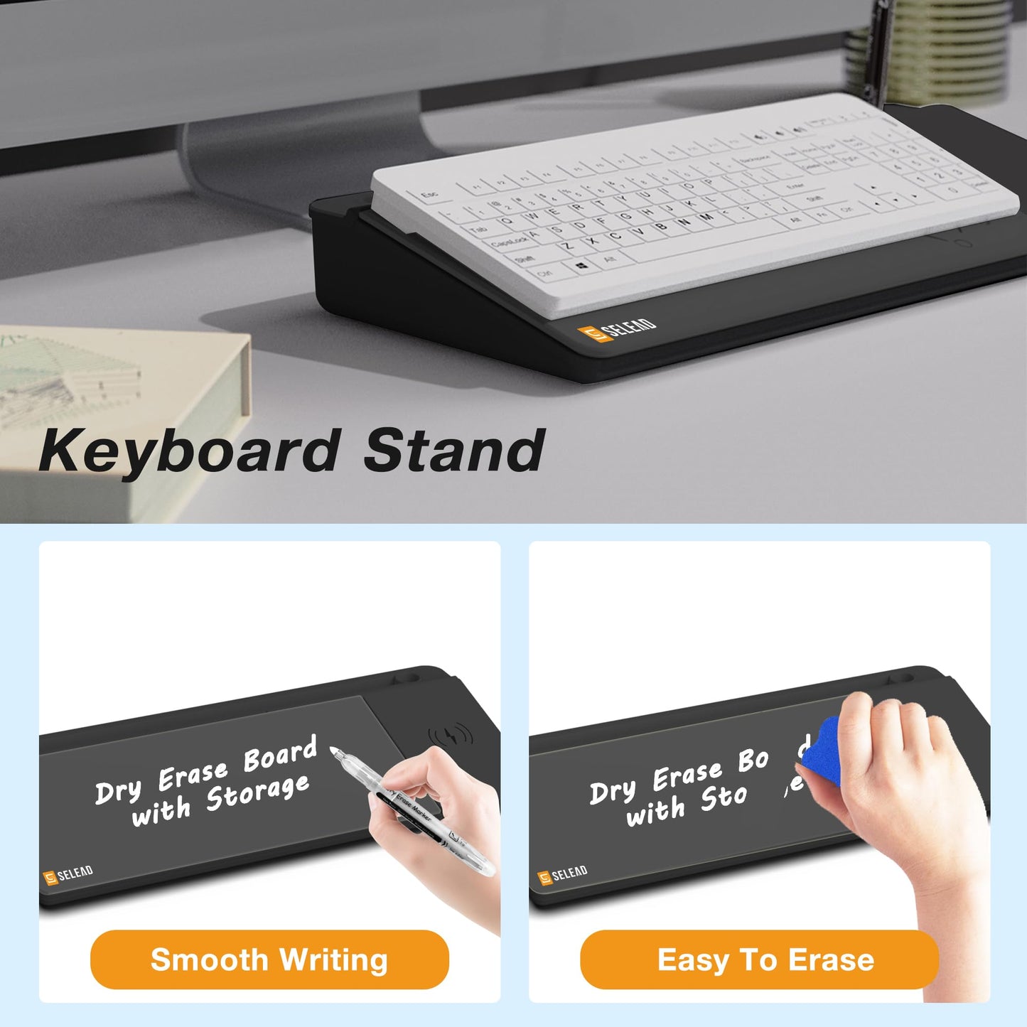 SELEAD Desktop Glass Whiteboard with Wireless Charger Station, Dry Erase Board Computer Pad Keyboard Stand with Organizer for Home, School, Office Desk Accessories, Black