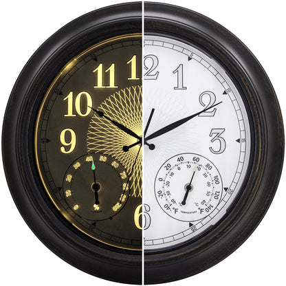 NESIFEE 18 Inch Illuminated Indoor Outdoor Clock Waterproof with Thermometer Hygrometer Smart Sensor Large Black Metal Wall Clocks Battery Operated for Patio, Garden, Living Room, Bedroom, Pool, Porch