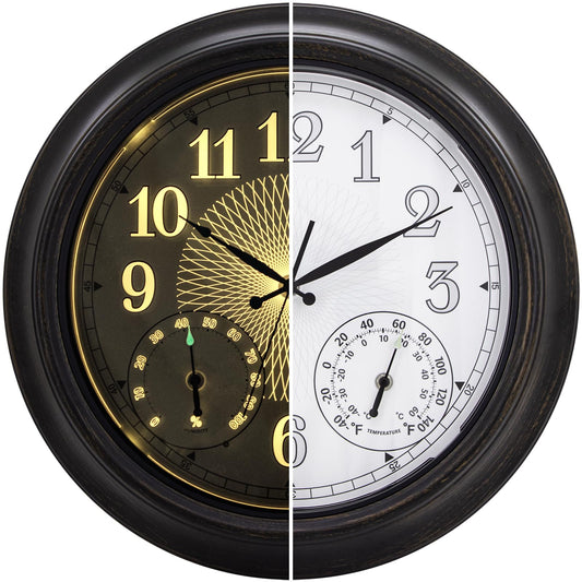 NESIFEE 18 Inch Illuminated Indoor Outdoor Clock Waterproof with Thermometer Hygrometer Smart Sensor Large Black Metal Wall Clocks Battery Operated for Patio, Garden, Living Room, Bedroom, Pool, Porch