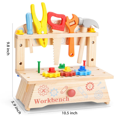 REXBETI Kids Tool Set, Wooden Toddler Tool Set with Apron, Toddler Tool Bench, Educational Montessori Toys for 3 Year Old Boys, Pretend Construction Kits, Birthday Gifts for 3 4 5 Year Old Boy Girl
