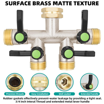DINGBAI 4 Way Hose Splitter, Brass High Flow Garden Hose Splitter Heavy Duty, Hose Connector, Water Spigot Splitter, Full Flow Faucet Splitter with shutoff, 3/4” GHT Inlet