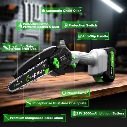 CEEPUY Mini Chainsaw Cordless,6 Inch Portable Electric Chainsaw with Automatic Oiler/Security Lock/Battery Powered Small Handheld Saw for Trees Branches Trimming,Wood Cutting, Gifts for Men Women