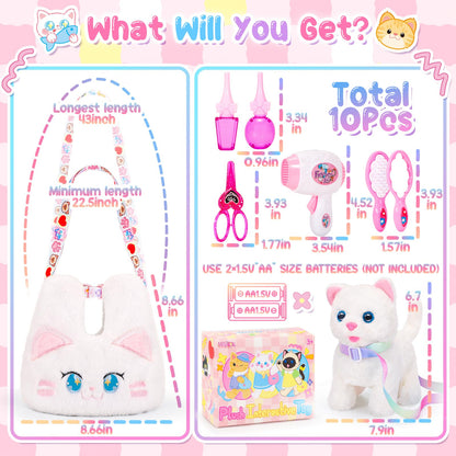 NINAOR Interactive Cat Toys for Kids with Crossbody Bags, Stuffed Cat Plush with Leash Walking Meow Pretend Play Kitty Robot Pet Toy, Electronic Realistic Cute Stuff for Girls Plushies Toddler Toys