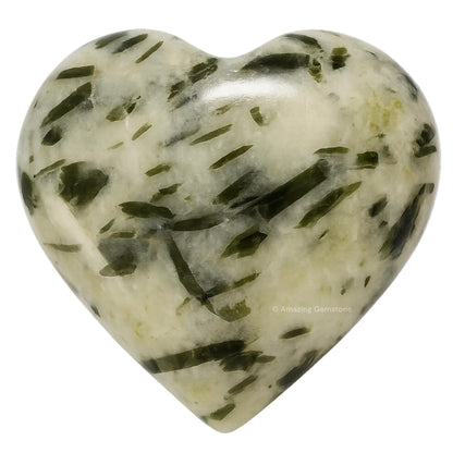 Amazing Gemstone Green Tourmaline in Quartz Crystal Heart Palm Stone - Pocket Massage Worry Stone for Natural Body Chakra Balancing, Reiki Healing and Crystal Grid