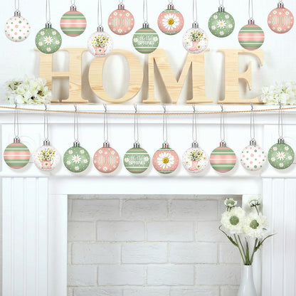 Silipull 24 Pcs Spring Ornament Bulk Daisy Flower Tree Decorations Pink Green Striped Polka Dot Balls Easter Spring Decorations for Home Small Tree Party Holiday Decor