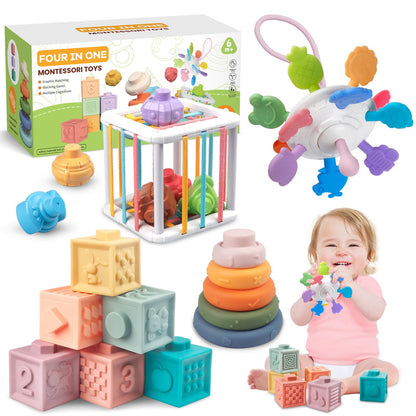 Plunack 4-in-1 Baby Toys Montessori Soft Stacking Blocks for Babies, Infants Teething Toys, Sensory Balls and Educational Learning Set for Toddlers (Boys & Girls)