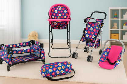 fash n kolor 4 Piece Baby Doll Play Set Flower Design Includes - Foldable Pack N Play, Baby Doll Stroller, Baby Doll High Chair, Infant Seat, Fits Up to 18'' Doll 4 Piece Doll Accessories Set