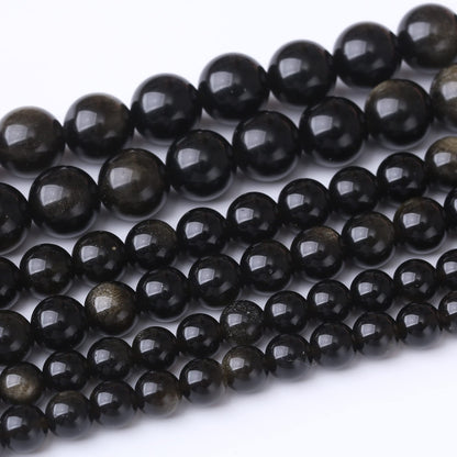 10MM Black Golden Obsidian Round Loose Beads Natural Gem Beads Crystal Energy Stone Beads for Jewelry Making DIY Bracelet Necklace
