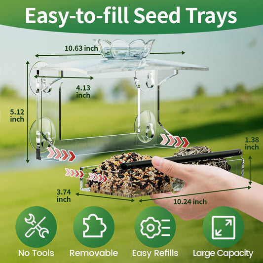 TC-DCDM Window Bird Feeder for Outdoors-Clear Acrylic Window Bird Feeders with Strong Suction Cups and Removable Seed Tray,Transparent Birdhouse for Viewing Wild Birds, Ideal Outside Gardening Gifts