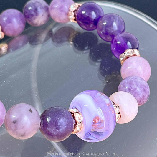 ARTSY Crafts Glow in The Dark Firefly Beads Bracelet, Handmade in USA, Luminous Murano Glass Beads Jewelry Mermaid Crystals Inspirational Gift (Amethyst - Stretch)