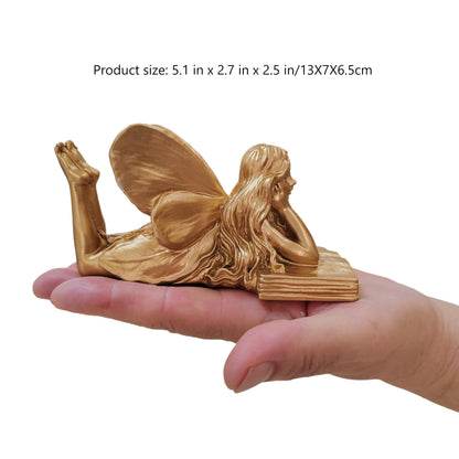 wsmart Fairy Figurines - Golden Fairy Reading Statue for Garden, Home Decor, Small Outdoor Angel Figurines, Unique Gift Idea